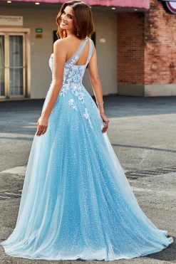 Azul claro Uma linha de um ombro longo vestido de baile de tule com apliques