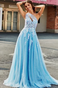 Azul claro Uma linha de um ombro longo vestido de baile de tule com apliques