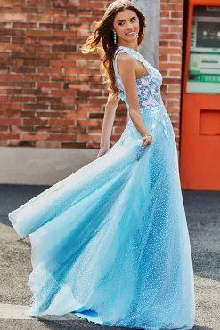 Azul claro Uma linha de um ombro longo vestido de baile de tule com apliques
