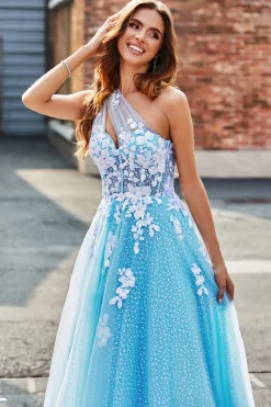 Azul claro Uma linha de um ombro longo vestido de baile de tule com apliques