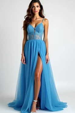 Azul claro Uma linha espaguete alças longo vestido de baile com fenda