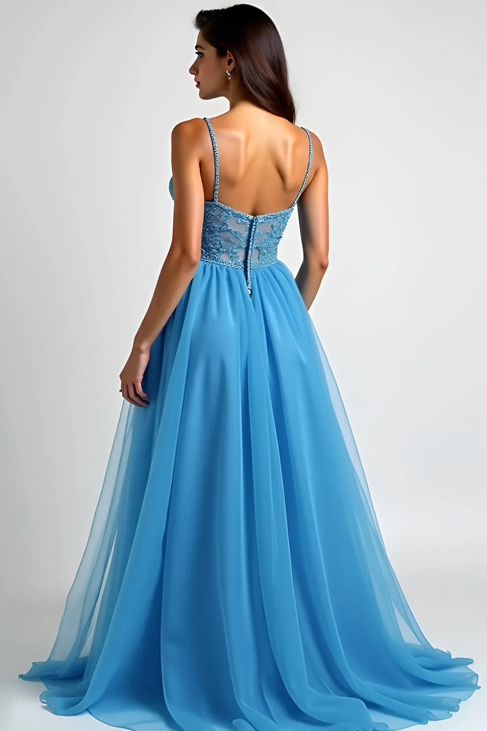 Azul claro Uma linha espaguete alças longo vestido de baile com fenda