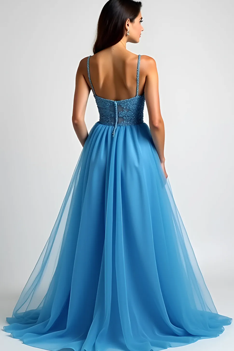 Azul claro Uma linha espaguete alças longo vestido de baile com fenda
