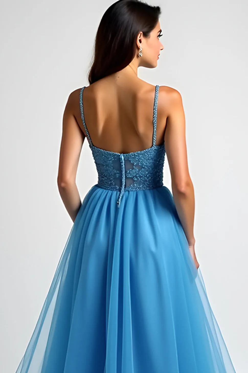 Azul claro Uma linha espaguete alças longo vestido de baile com fenda