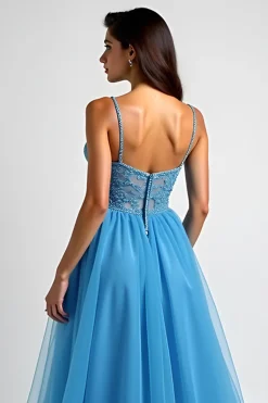 Azul claro Uma linha espaguete alças longo vestido de baile com fenda