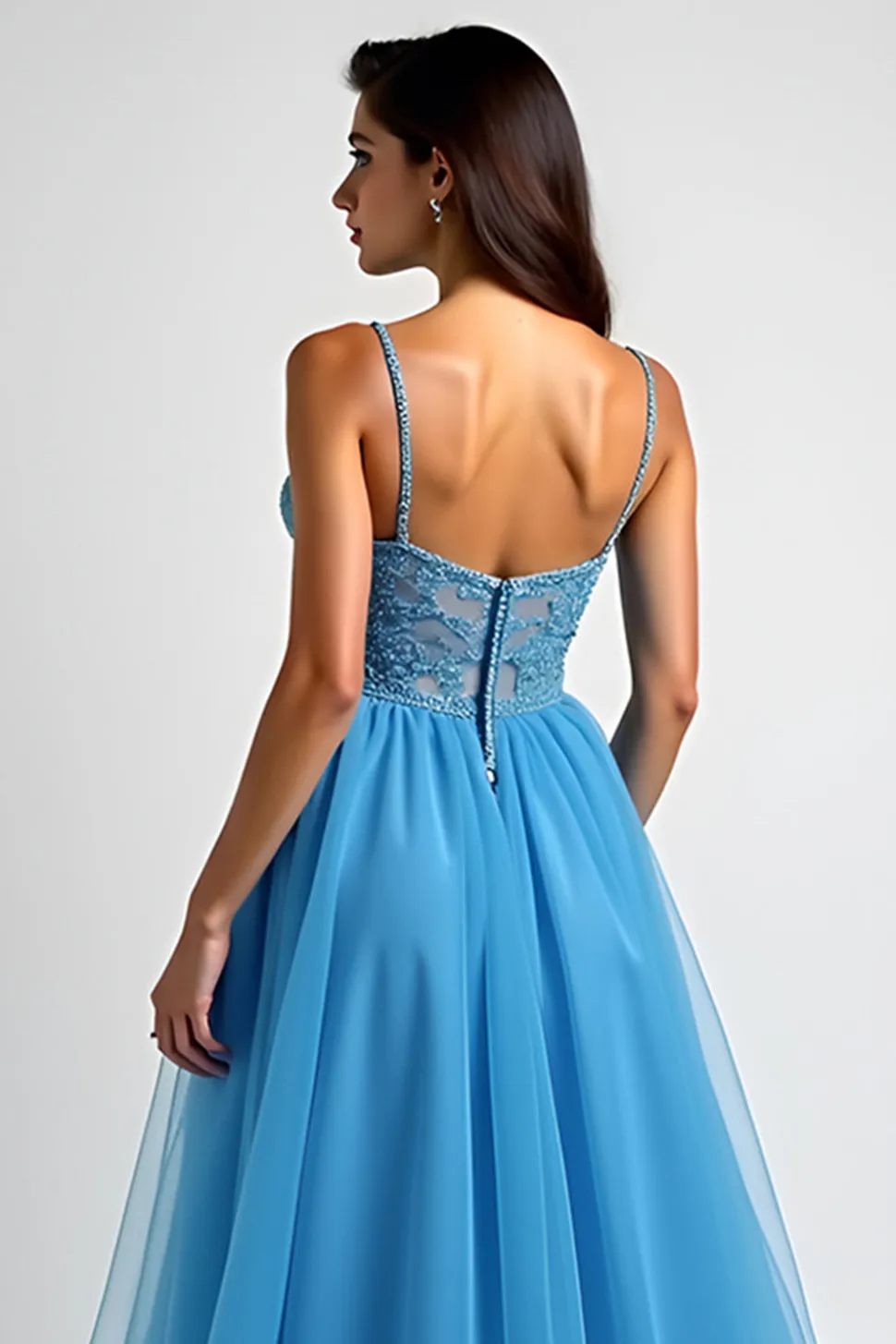 Azul claro Uma linha espaguete alças longo vestido de baile com fenda