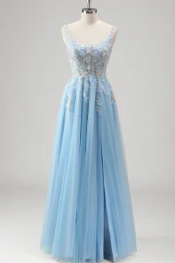 Azul Claro Uma Linha Espaguete Correias Corset Floral Appliqued Prom Dress with Slit
