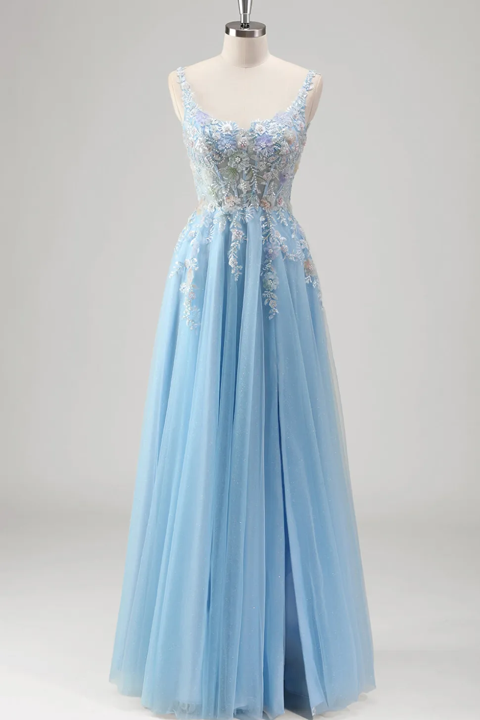 Azul Claro Uma Linha Espaguete Correias Corset Floral Appliqued Prom Dress with Slit