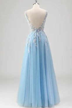 Azul Claro Uma Linha Espaguete Correias Corset Floral Appliqued Prom Dress with Slit