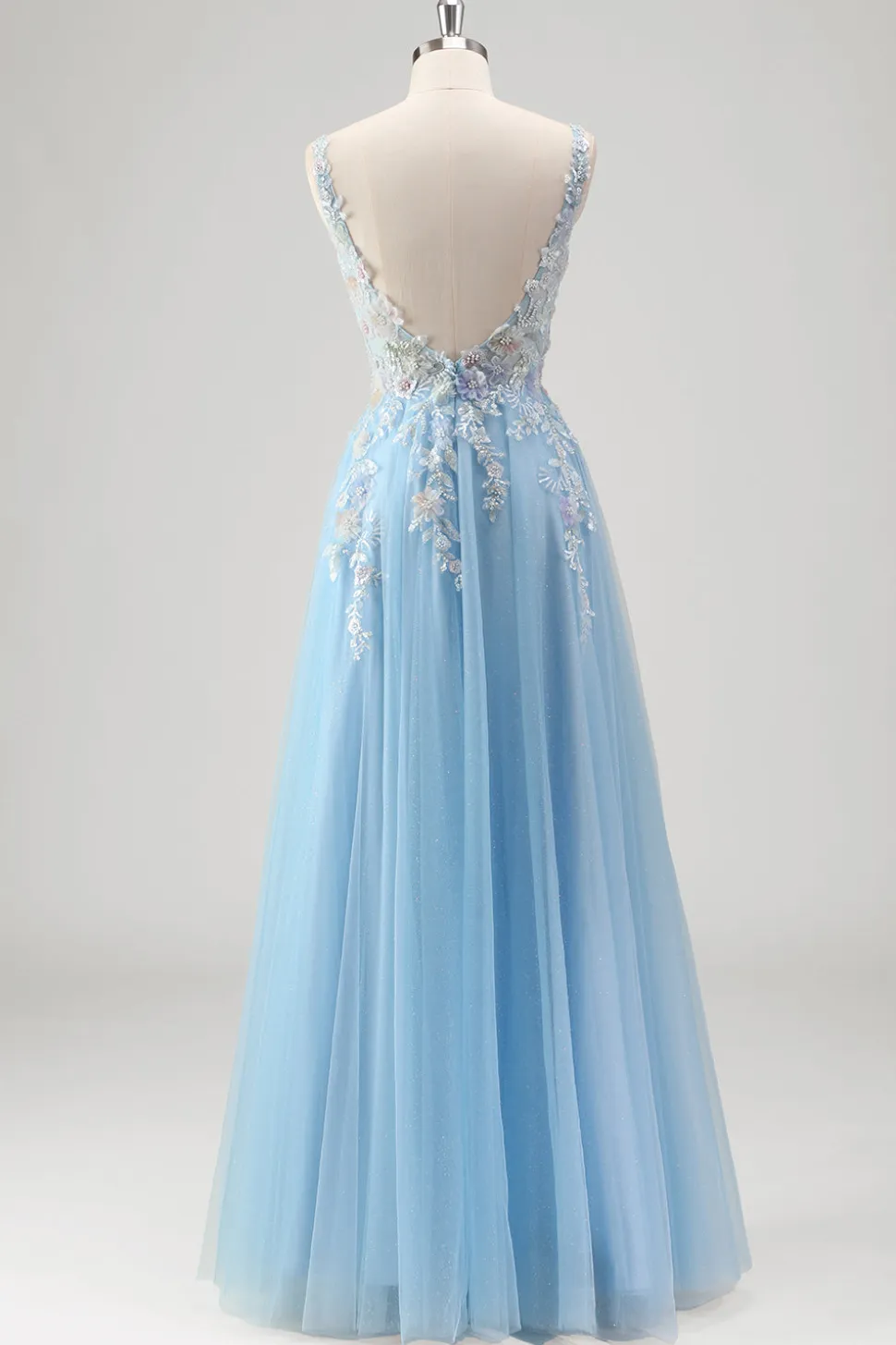 Azul Claro Uma Linha Espaguete Correias Corset Floral Appliqued Prom Dress with Slit