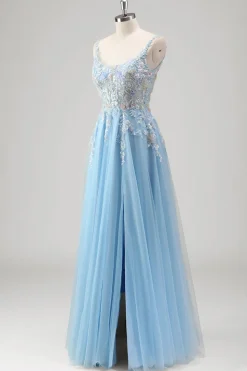 Azul Claro Uma Linha Espaguete Correias Corset Floral Appliqued Prom Dress with Slit