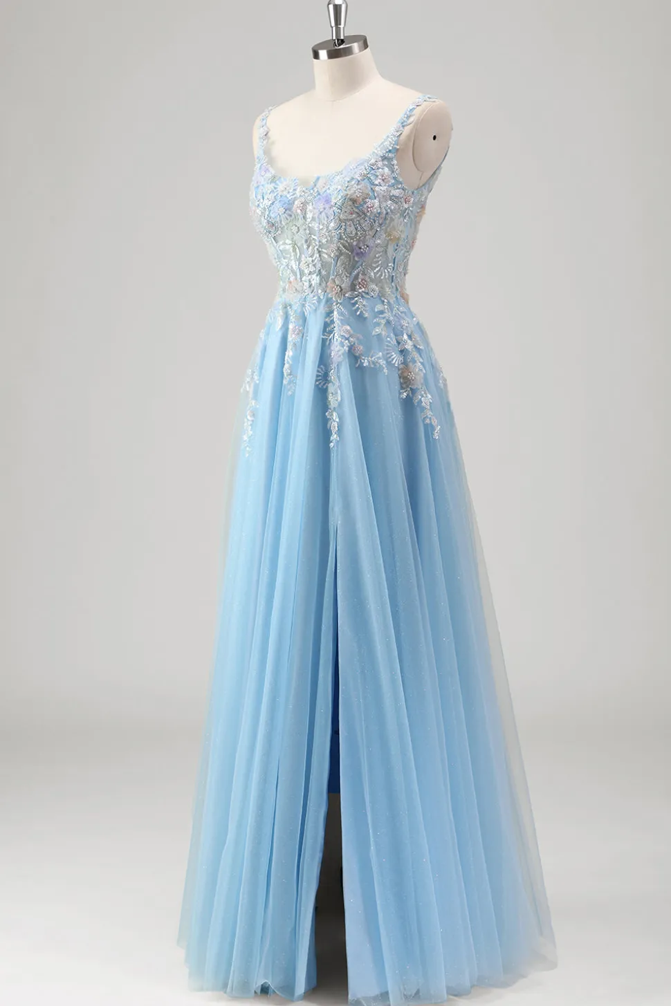 Azul Claro Uma Linha Espaguete Correias Corset Floral Appliqued Prom Dress with Slit