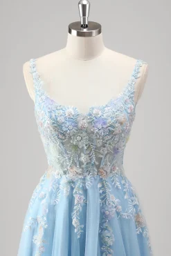 Azul Claro Uma Linha Espaguete Correias Corset Floral Appliqued Prom Dress with Slit