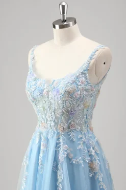 Azul Claro Uma Linha Espaguete Correias Corset Floral Appliqued Prom Dress with Slit