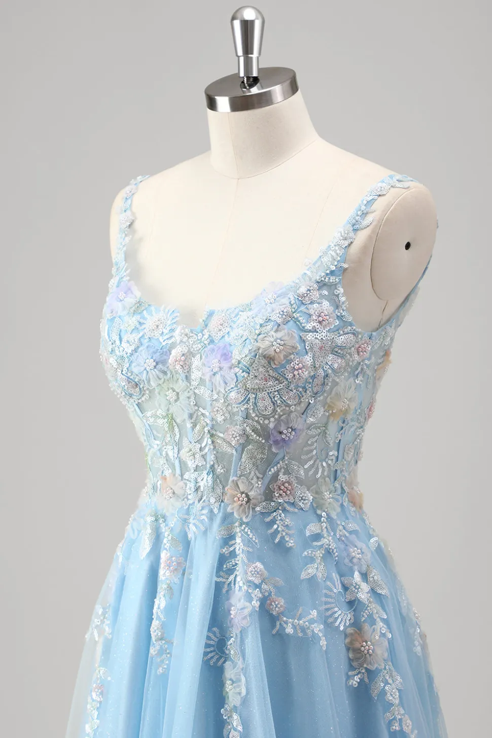 Azul Claro Uma Linha Espaguete Correias Corset Floral Appliqued Prom Dress with Slit