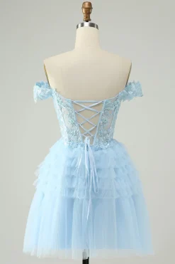 Azul claro Uma linha fora do espartilho ombro vestido curto Homecoming