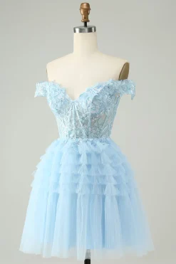 Azul claro Uma linha fora do espartilho ombro vestido curto Homecoming