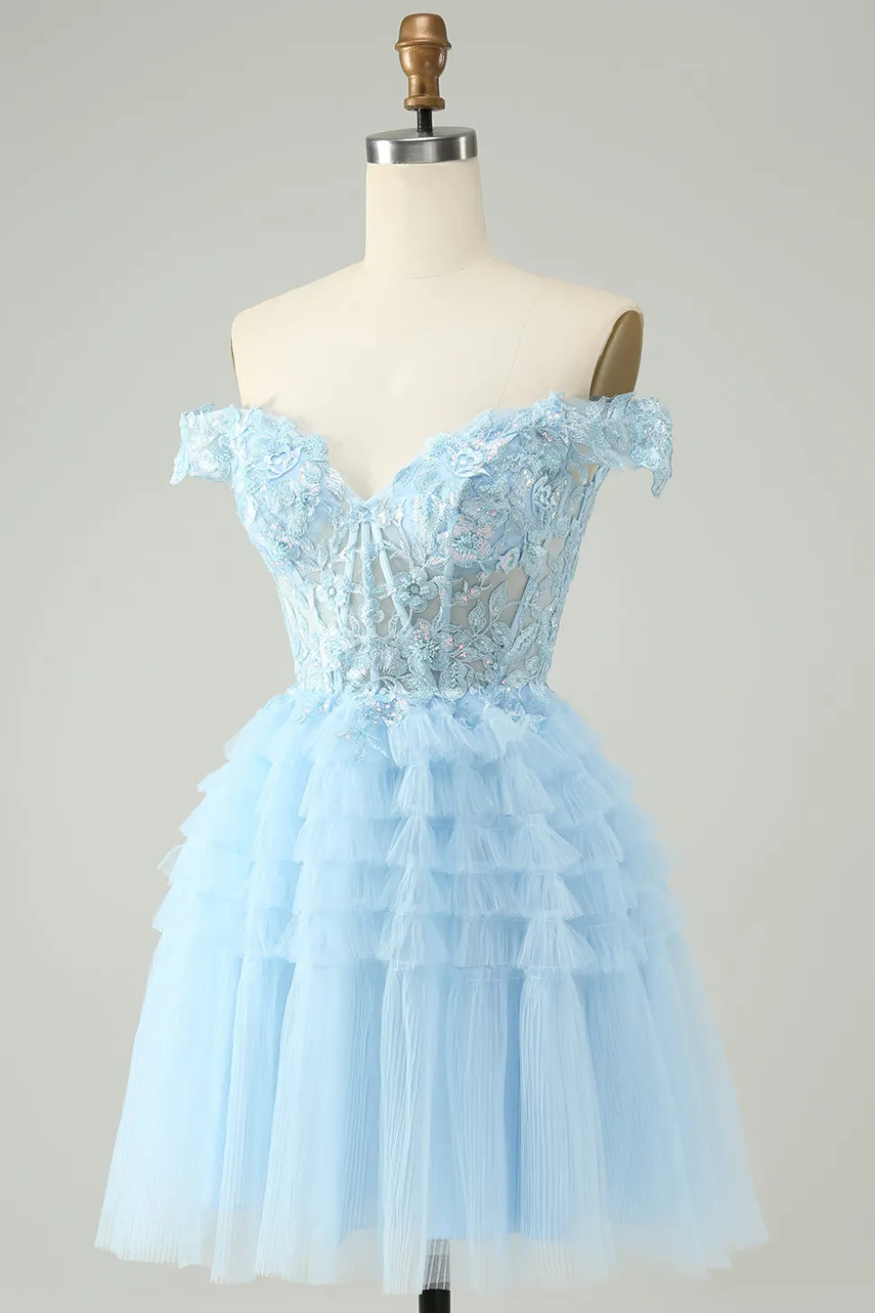 Azul claro Uma linha fora do espartilho ombro vestido curto Homecoming