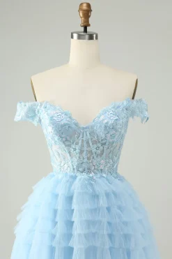 Azul claro Uma linha fora do espartilho ombro vestido curto Homecoming