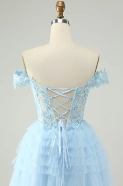 Azul claro Uma linha fora do espartilho ombro vestido curto Homecoming