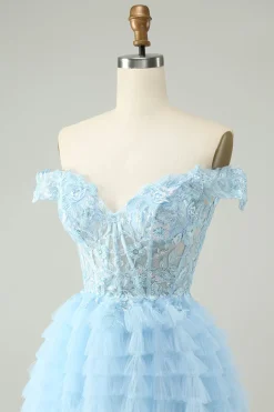 Azul claro Uma linha fora do espartilho ombro vestido curto Homecoming