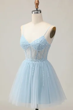 Azul claro Uma linha frisada curto Sequins Homecoming vestido com renda para trás
