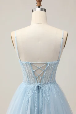 Azul claro Uma linha frisada curto Sequins Homecoming vestido com renda para trás