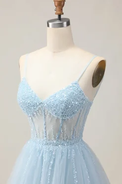 Azul claro Uma linha frisada curto Sequins Homecoming vestido com renda para trás