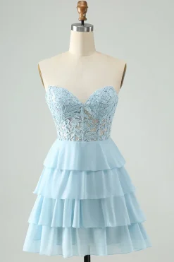 Azul Claro Uma Linha Querida Tiered Vestido Curto Homecoming com Apliques