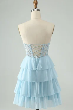 Azul Claro Uma Linha Querida Tiered Vestido Curto Homecoming com Apliques