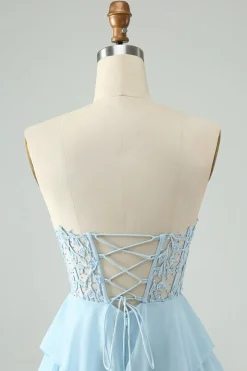 Azul Claro Uma Linha Querida Tiered Vestido Curto Homecoming com Apliques