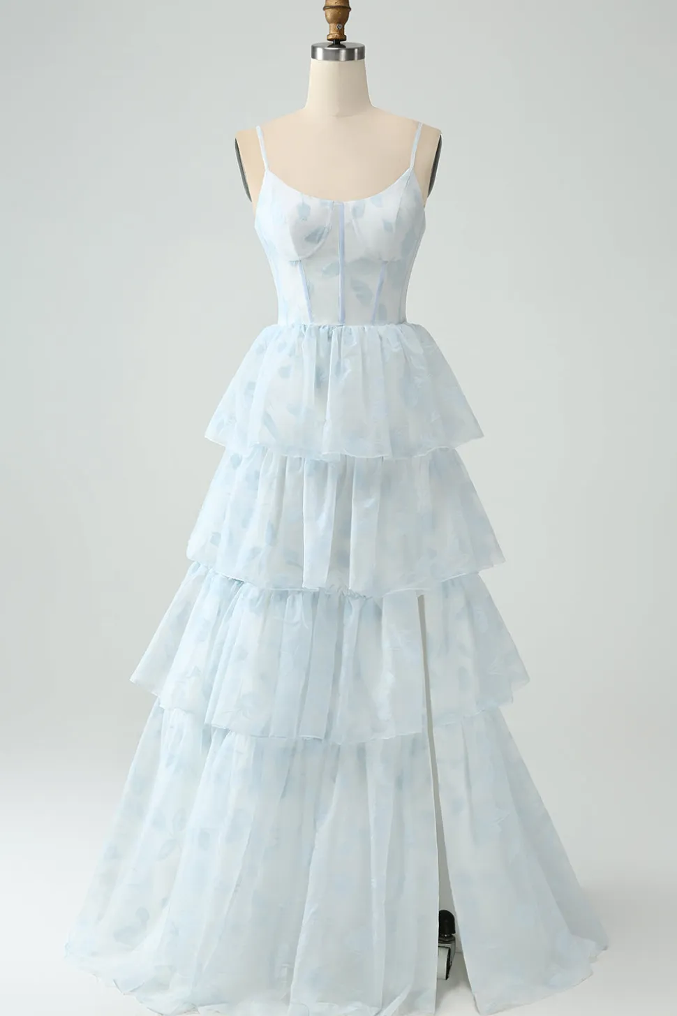 Azul claro Uma linha Tiered Corset babado vestido de dama de honra com fenda
