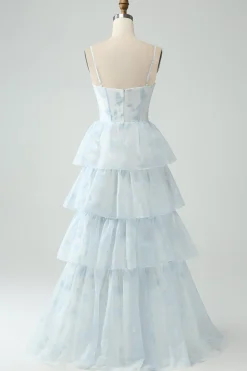 Azul claro Uma linha Tiered Corset babado vestido de dama de honra com fenda