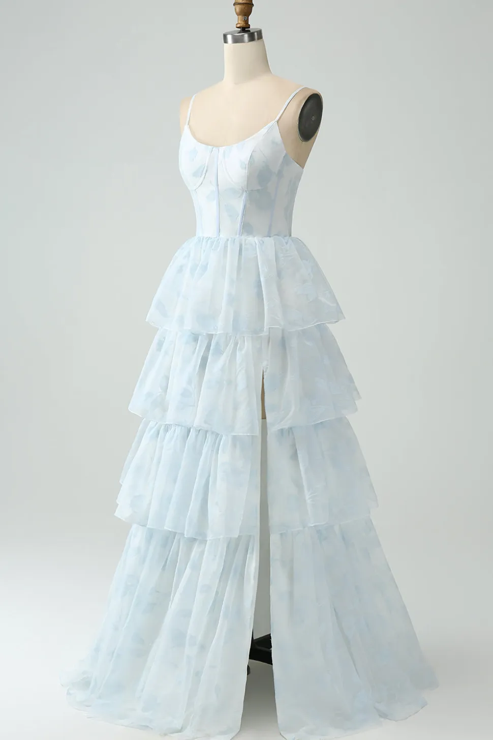Azul claro Uma linha Tiered Corset babado vestido de dama de honra com fenda
