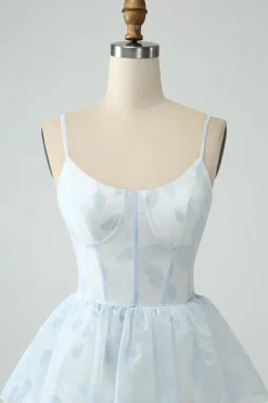 Azul claro Uma linha Tiered Corset babado vestido de dama de honra com fenda