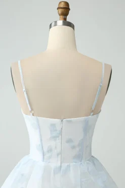 Azul claro Uma linha Tiered Corset babado vestido de dama de honra com fenda
