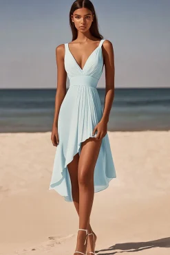 Azul Céu Decote em V A-Line Ruched Midi Vestido de Formatura