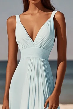 Azul Céu Decote em V A-Line Ruched Midi Vestido de Formatura
