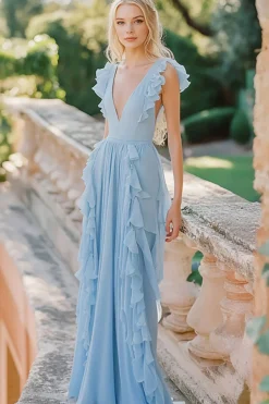 Azul Céu Decote em V Chiffon Longo Babados Vestidos Cerimónia