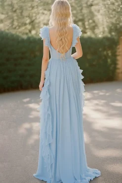 Azul Céu Decote em V Chiffon Longo Babados Vestidos Cerimónia