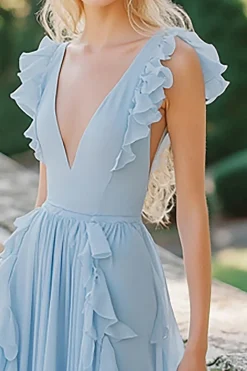 Azul Céu Decote em V Chiffon Longo Babados Vestidos Cerimónia