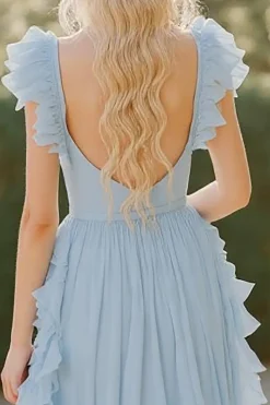 Azul Céu Decote em V Chiffon Longo Babados Vestidos Cerimónia