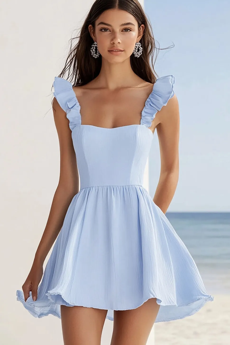 Azul Céu Linha-A Babados Chiffon Curto/Mini Vestido de Verão
