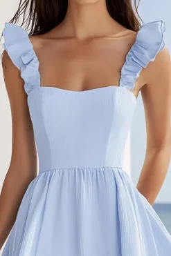 Azul Céu Linha-A Babados Chiffon Curto/Mini Vestido de Verão