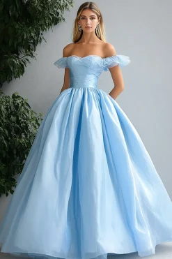 Azul Céu Linha-A Fora do Ombro Longo Vestido De Baile