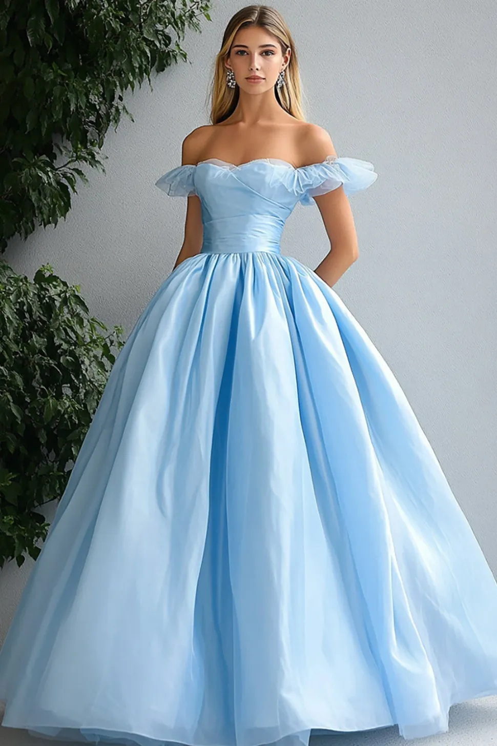 Azul Céu Linha-A Fora do Ombro Longo Vestido De Baile