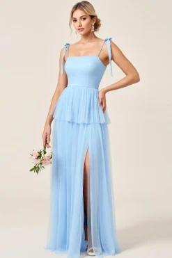 Azul Céu Tule Linha-A Pescoço Quadrado Longo Vestidos Cerimónia com Fenda