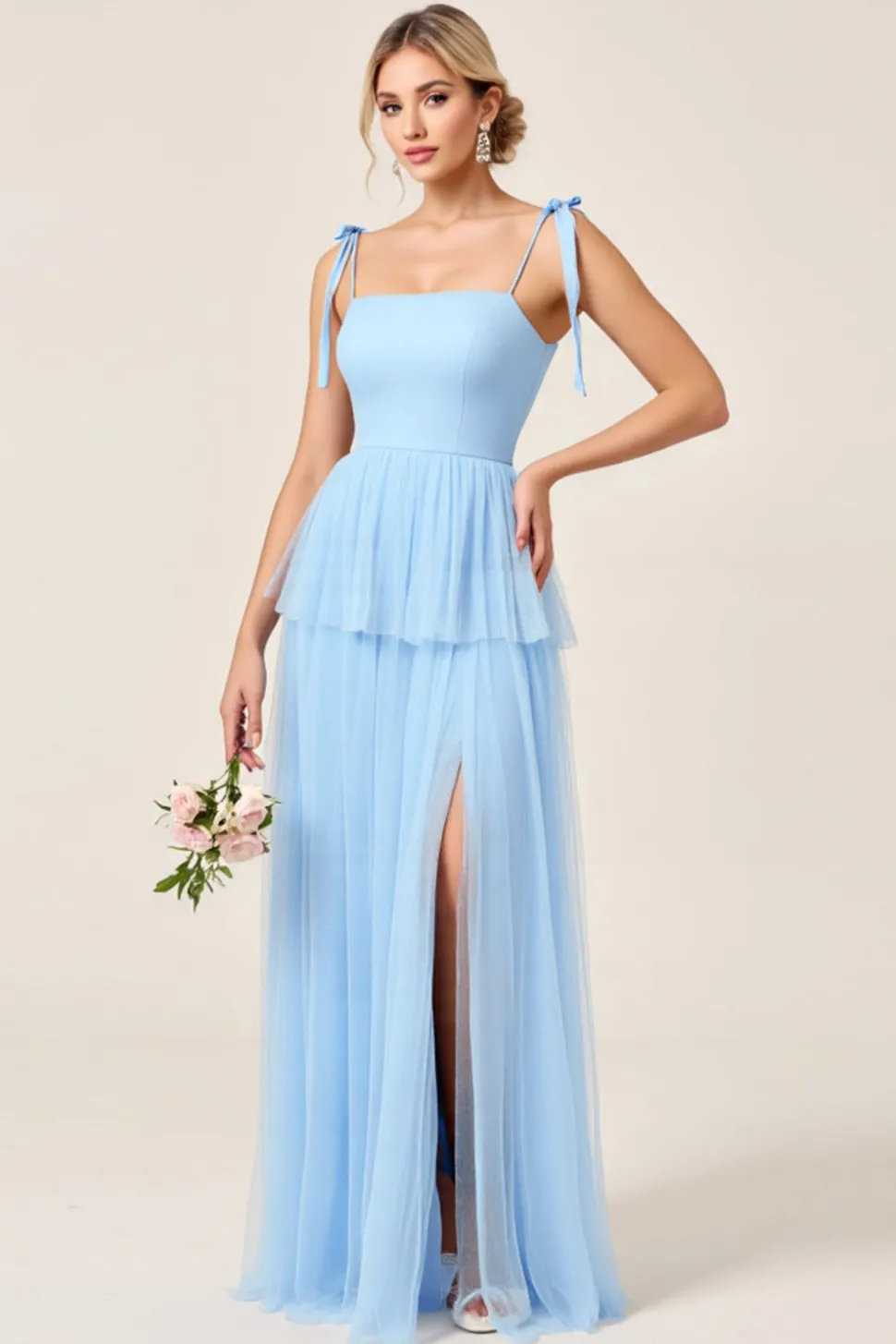 Azul Céu Tule Linha-A Pescoço Quadrado Longo Vestidos Cerimónia com Fenda