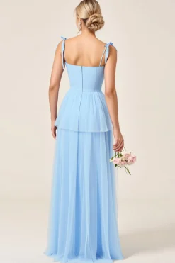 Azul Céu Tule Linha-A Pescoço Quadrado Longo Vestidos Cerimónia com Fenda