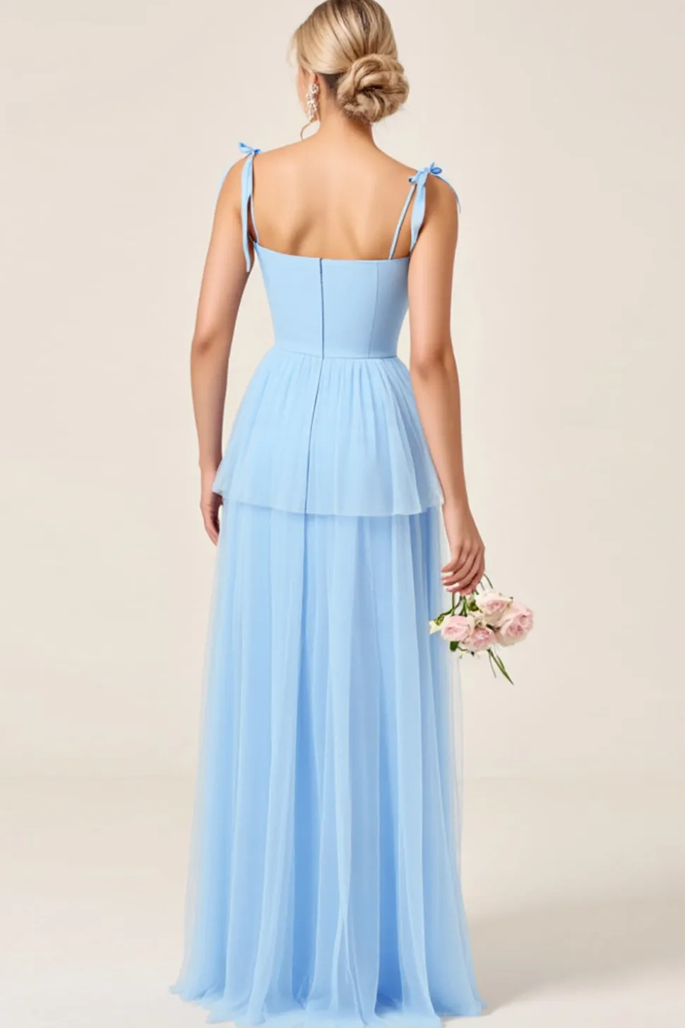 Azul Céu Tule Linha-A Pescoço Quadrado Longo Vestidos Cerimónia com Fenda